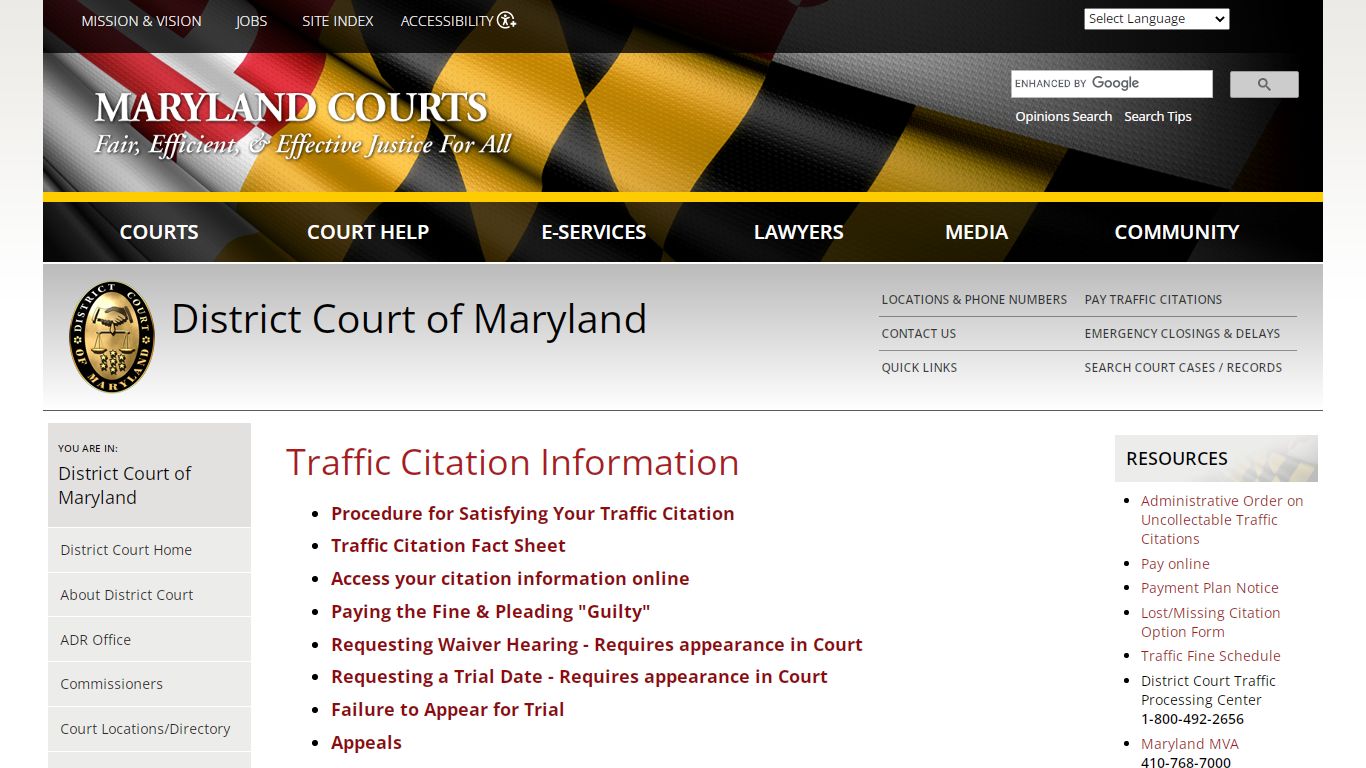 Traffic Citation Information | Maryland Courts